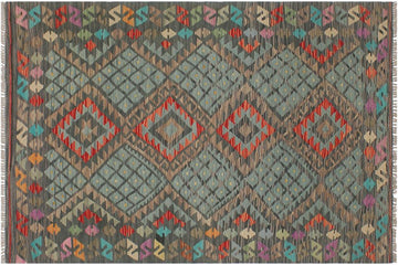 Flat Weave Kilim, Antique, Navaho, Vintage, Handmade, Geometric Kilim Green Red Hand-Woven Rectangle 100% Wool Area Rug 4 x 6